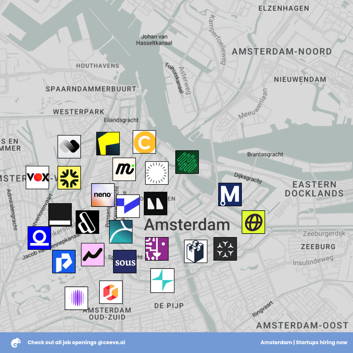 Map of Amsterdam showing where these startups are based