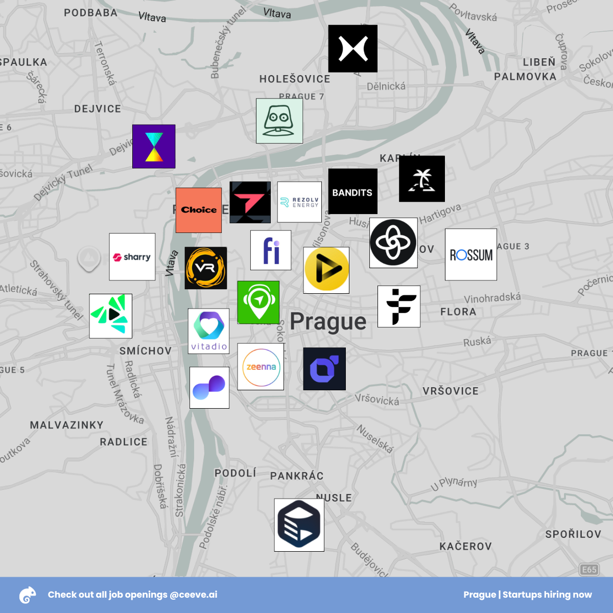 Map of Prague showing where these startups are based