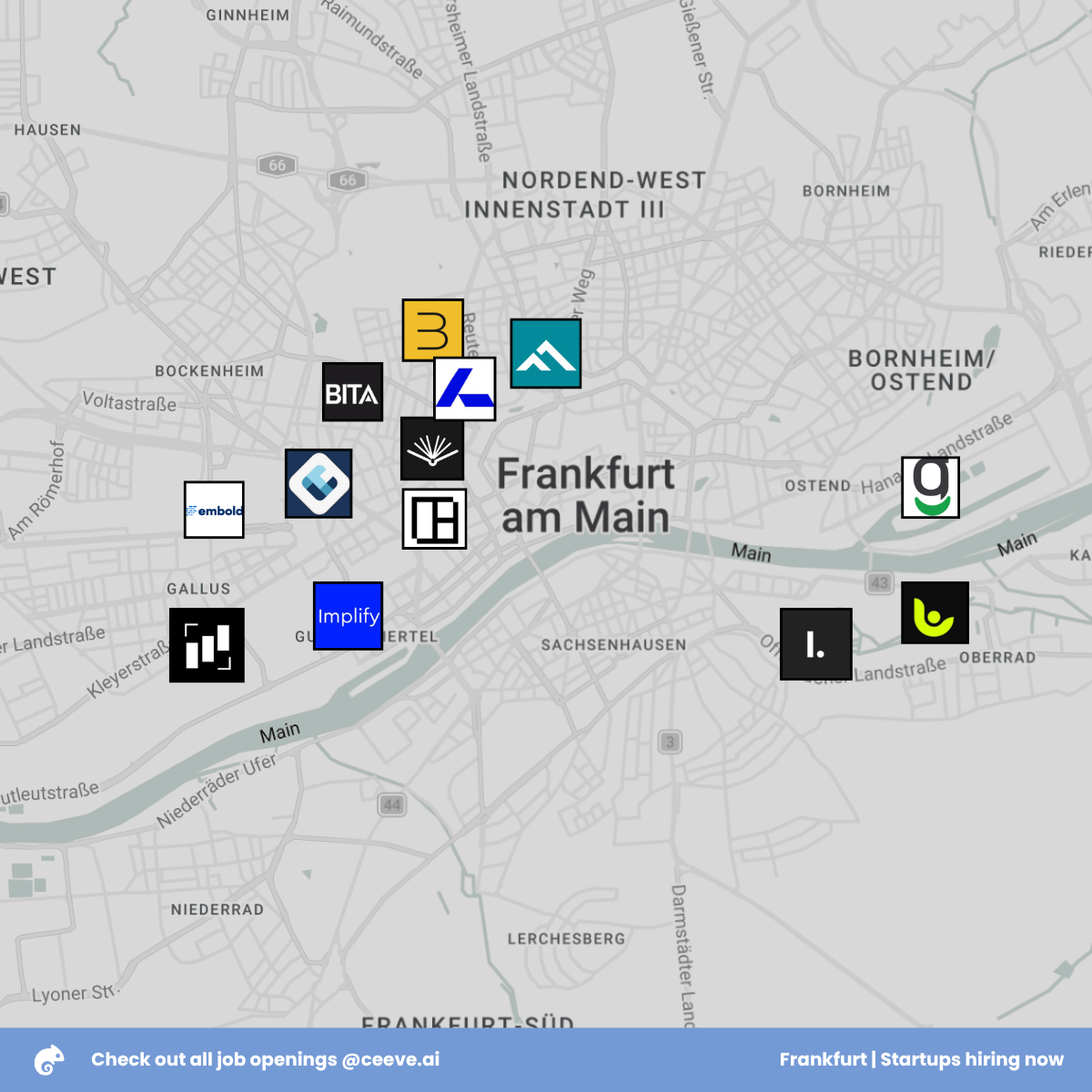Map of Frankfurt showing where these startups are based