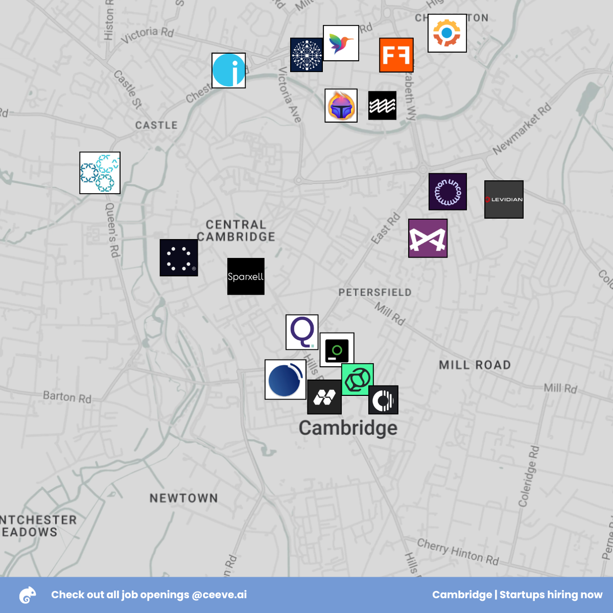 Map of Cambridge showing where these startups are based