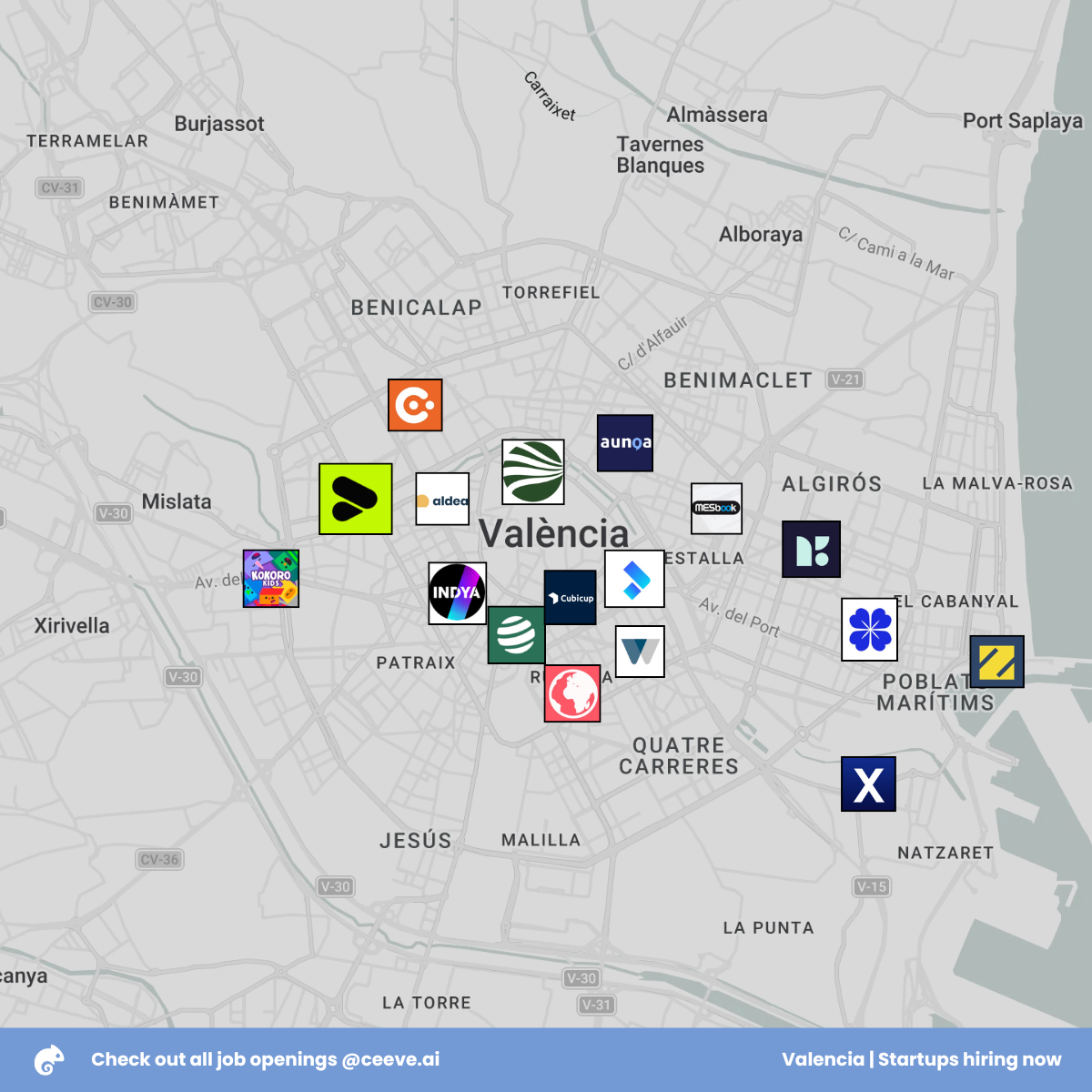 Map of Valencia showing where these startups are based