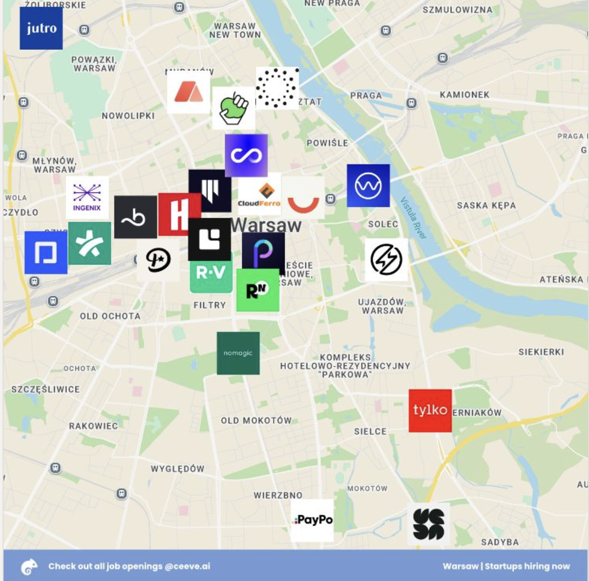 Map of Warsaw showing where these startups are based
